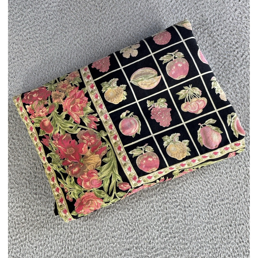 VIntage April Cornell Tablecloth 55x93 Tropical Fruit Floral Black Cotton